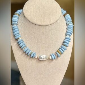 STUNNING Carolina Blue baroque pearl and ashanti beaded necklace, 18”